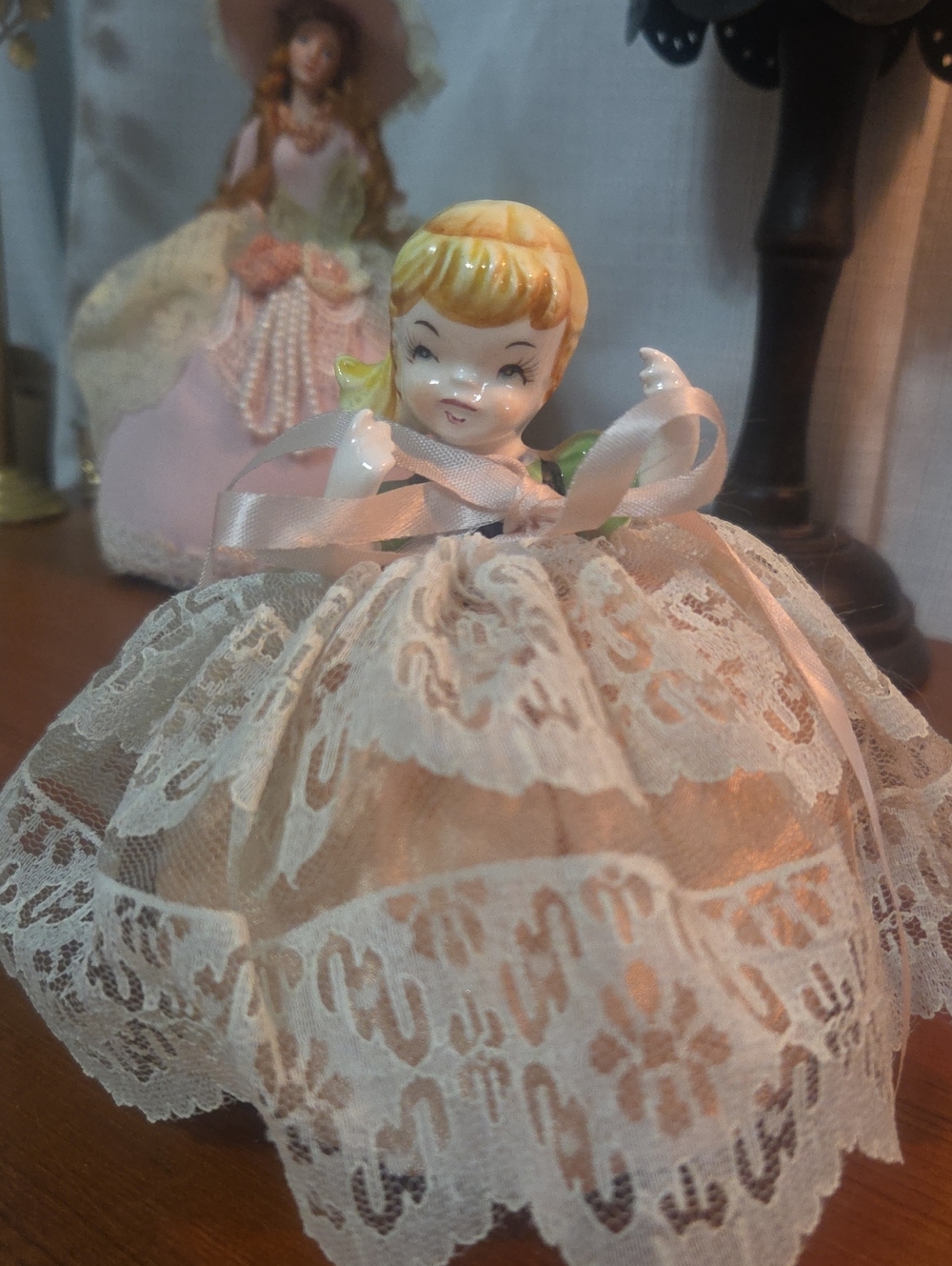1950s Ceramic Pin Cushion Doll with Pink Ribbon and Lace Dress